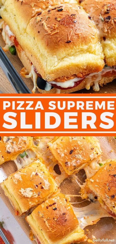 Yummy Sliders, Pizza Supreme, Pizza Calzones, Sliders Recipes Hawaiian Rolls, Recipes Dips, Pizza Sliders, Appetizer Dinner, Slider Recipe, Sliders Recipes