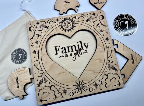 Our custom wood puzzles. Perfect for wedding Unity ceremonies and blended families. Choose from walnut, cherry or maple. Different sizes available and all come with an easel for display. We can engrave anything on these, totally custom! Check out our shop. Link in bio. Lunawoodworks.com or lunawoodworks.Etsy.com #unityceremony #unityceremonyideas #wedding #weddinginspiration #weddingideas #weddingdecor #weddingsigns #weddingsign #blendedfamily #blended #woodpuzzle #puzzle #customwoodsigns #ma... Blended Families, Unity Ceremony, Wedding Unity, Blended Family, Wood Puzzles, Wooden Gift Boxes, Custom Wood Signs, Custom Wood, Gift Boxes