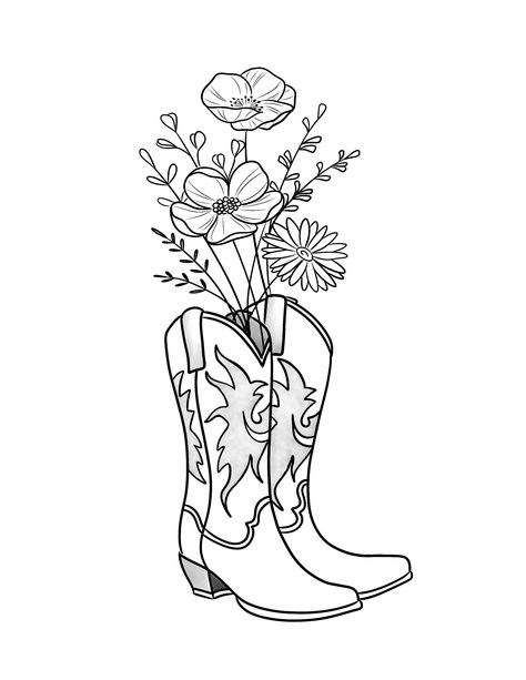 Western Inspired Sleeve Tattoos, Line Art Flower Tattoo Arm, Cowgirl Boots With Flowers Drawing, Cowgirl Hand Tattoo, Flower Cowboy Boots Tattoo, Fineline Cowboy Boot Tattoo, Cowboy Boot Tattoo Design, Flowers In Cowboy Boot Tattoo, Easy Flower Tattoos Simple