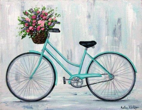 Florist Table, Bike Painting, Bicycle With Flowers, Bicycle Drawing, Bicycle Pictures, Blue Bicycle, Touring Bicycles, Bicycle Decor, Bicycle Painting