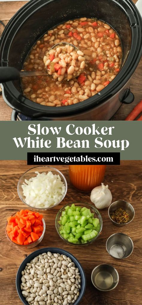 This cozy white bean soup is made in the slow cooker for a simple recipe that only takes a few minutes of chopping. The creamy texture of these beans makes this a tasty, hearty recipe! Crock Pot Bean Soup Recipes, Crockpot White Bean Soup Recipes, Crock Pot Bean Recipes, White Bean Crockpot Recipes, Slow Cooker Beans Recipe, Crockpot Beans Recipes, Northern Bean Soup Crockpot, Bean Soup No Meat, White Beans Recipe Crockpot