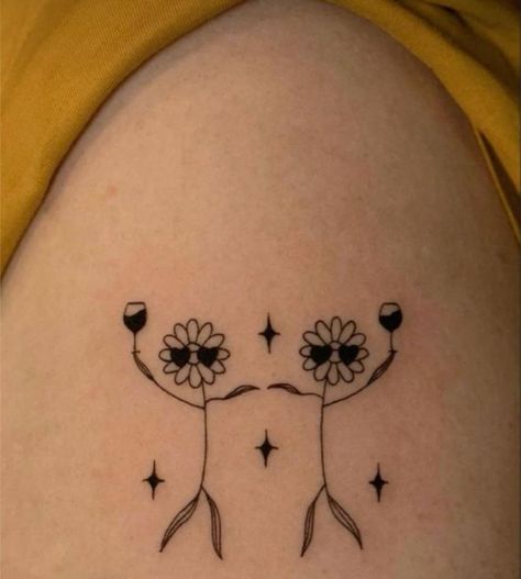 Sunflower Tattoo Matching, Matching Tattoos Wine, Dancing Flowers Tattoo, Dancing Couple Tattoo, Matching Sunflower Tattoos, Dancing Flower Tattoo, Sister Flower Tattoos, Wine Tattoo Ideas, Couple Tats