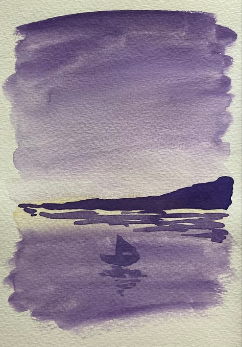 Monochromatic Scenery Painting, Monochromatic Scenery, Monochromatic Painting Ideas, Purple Monochromatic, Monochromatic Landscape, Purple Watercolor Landscape, Sunset Purple Painting, Purple Ocean Painting, Sailboat Sunset