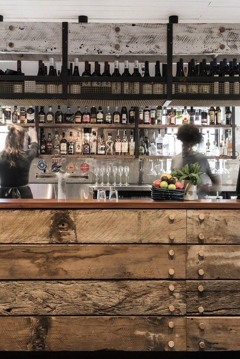 rustic and industrial bar design in Australia, The Nelson- recycled timber bar counter - - italianbark 3 Industrial Bar Design, Bar Deco, Bar Counter Design, Pub Interior, Industrial Style Home, Bar In Casa, Home Bar Design, Pub Design, Bar Inspiration