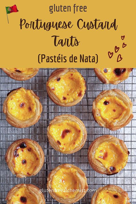 INCREDIBLE Portuguese Custard Tarts (Pastéis de Nata). Just like the ones from the traditional Padaria, but gluten free and wheat free. #portuguese #custard #tart #pasteisdenata #pasteldenata #glutenfree #wheatfree #pastry #patisserie #eggyolk  via @gfalchemist Gluten Free Tarts, Gluten Free British Recipes, Gluten Free Pastries, Gluten Free Egg Tart, Gluten Free Portuguese Sweet Bread, Gluten Free Portuguese Custard Tarts, Portugal Custard Tarts, Gluten Free Tart Recipe, Portuguese Custard Tarts Pastel De Nata