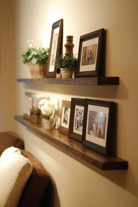 21 Photo Wall Arrangement Ideas To Display Family Pictures - Wall Arrangement Ideas, Photo Arrangements On Wall, Photo Wall Ideas, Picture Shelves, Gallery Wall Living Room, Arrangement Ideas, House Things, Room Pictures, Wall Ideas