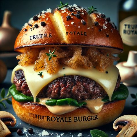 The Truffle Royale Gourmet Burger is the epitome of gourmet indulgence. It features a rich, buttery wagyu beef patty, infused with black truffle oil for an extra layer of luxury. Topped with melted Gruyère cheese, sautéed mushrooms, and sweet caramelized onions, this burger delivers a depth of flavor that’s unparalleled. Fresh arugula adds a peppery note, while a toasted brioche bun holds it all together, ensuring every bite is as decadent as the last. Wagyu Beef Burger Recipe, Burger Ideas Creative, Luxury Burger, Specialty Burgers, Wagyu Recipes, Fancy Burgers, Unique Burger Recipes, Wagyu Beef Burger, Truffle Burger