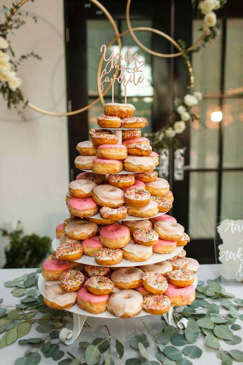 Donut Dessert Table, Doughnut Wedding Cake, Donut Wedding Cake, Backyard Engagement, Donut Tower, Dessert Items, Wedding Donuts, Donut Dessert, Doughnut Cake