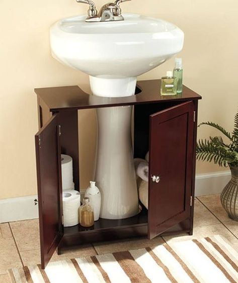 Bathroom Pedestal Sink Storage, Rustic Storage Cabinets, Makeover Kamar Mandi, Mini Bad, Rustic Storage, Sink Storage, Rental Decorating, Pedestal Sink, Small Bathroom Storage