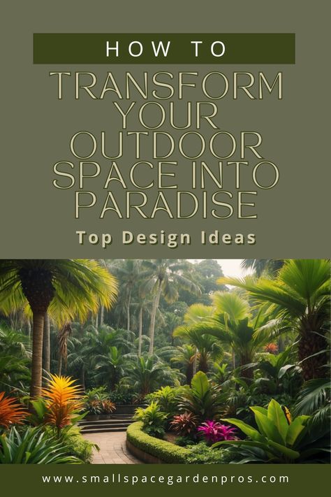 Transform your outdoor space into a paradise with our tropical garden design ideas! Discover how to create a lush, vibrant retreat with exotic plants, colorful flowers, and creative landscaping. Our guide provides tips and inspiration to help you design the perfect tropical garden, whether you're looking for a small oasis or a grand escape. Perfect for anyone wanting to bring a touch of the tropics to their home. #TropicalGarden #GardenDesign #OutdoorParadise #LandscapingTips #GardenInspiration Tropical Garden Design Small Spaces, Small Tropical Garden Design, Creative Landscaping, Tropical Garden Design, Outdoor Paradise, Garden Design Ideas, Tropical Climate, Landscaping Tips, Small Space Gardening