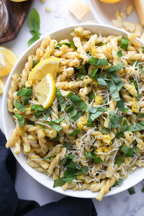 Easy Lemon Basil Pasta Salad - Kalefornia Kravings Lemon Basil Pasta Salad, Lemon Pasta Salads, Kalefornia Kravings, Lemon Basil Pasta, Basil Pasta Salad, Gemelli Pasta, Summer Potluck, Pasta Salad Dressing, Easy Pasta Salad Recipe