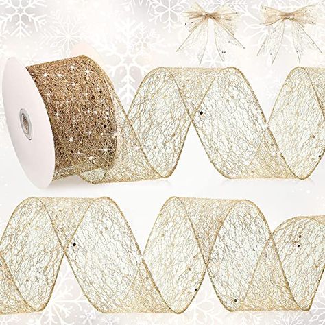 CT CRAFT LLC Organza with Champagne Gold Glitter Snowflakes Wired Ribbon - 2.5" x 50 Yards, for Christmas Home Decor, Gift Wrapping, Bow Making, Wreath, DIY Crafts : Amazon.ca: Home Mesh Ribbon Wreaths, Diy Crafts Christmas, Christmas Wired Ribbon, Metallic Mesh, Ribbon Christmas, Christmas Glitter, Ribbon On Christmas Tree, Types Of Gifts, Glitter Ribbon