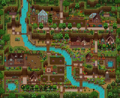 Hillside Farm Stardew, Stardew Valley Farm Layout Mountain, Stardew River Farm Layout, Hilltop Farm Stardew Valley Layout, Stardew Valley Farm Layout Four Corners, Stardew Decor, Stardew Farm, Hillside Farms, Stardew Farms