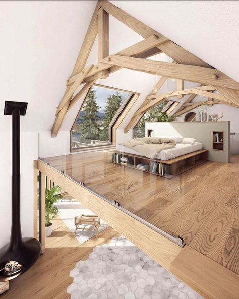 Mezzanine House Design, Chalet Modern, Converted Barn Homes, Attic Bedroom, A Frame House, Loft Design, Studio Apartment Decorating, Bedroom Loft, House Architecture Design