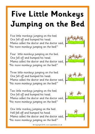 Five Little Monkeys Jumping on the Bed Song Sheets (SB11704) - SparkleBox Action Rhymes For Preschoolers, Action Songs For Kids, Simple Simon Nursery Rhyme, 5 Little Monkeys Jumping On The Bed, Lullaby Songs, Nursery Rhymes Poems, 5 Little Monkeys, Nursery Rhymes Lyrics, Monkey Jump