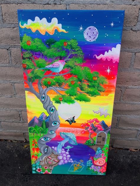 Acrylic painting by sara seibel Growth Painting Inspiration, Trippy Nature Painting, Trippy Sky Painting, Trippy Landscape Painting, Trippy Acrylic Painting, Trippy Paintings, Bright Furniture, Trippy Iphone Wallpaper, A Level Art Sketchbook