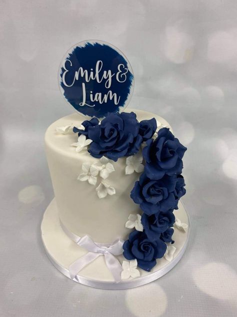 2 Tier Wedding Cakes Simple Elegant Blue, Small Wedding Cake Ideas Elegant Blue, Wedding Cakes Silver And Blue, Blue Wedding Cake Ideas 2 Tier, Simple Wedding Cake 2 Tier Blue, Royal Blue Wedding Cakes, One Tier Cake, 65th Wedding Anniversary, Anniversary Cake Designs