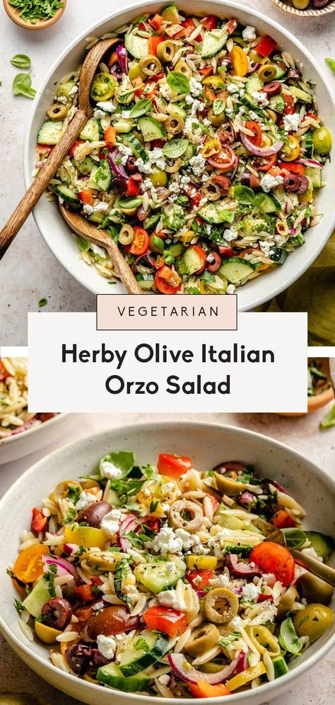 Orzo Salad Dressing, Italian Orzo Salad, Cold Orzo Salad, Orzo Salad Recipes Cold, Orzo Salad With Chicken, Chicken Orzo Salad, Italian Orzo, Feta Crumbles, Salad With Olives