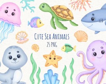 Sea Animals Clipart, Under The Sea Clipart, Sea Clipart, Ocean Clipart, Watercolor Ocean, Underwater Creatures, Create Invitations, Kids Clipart, Digital Watercolor