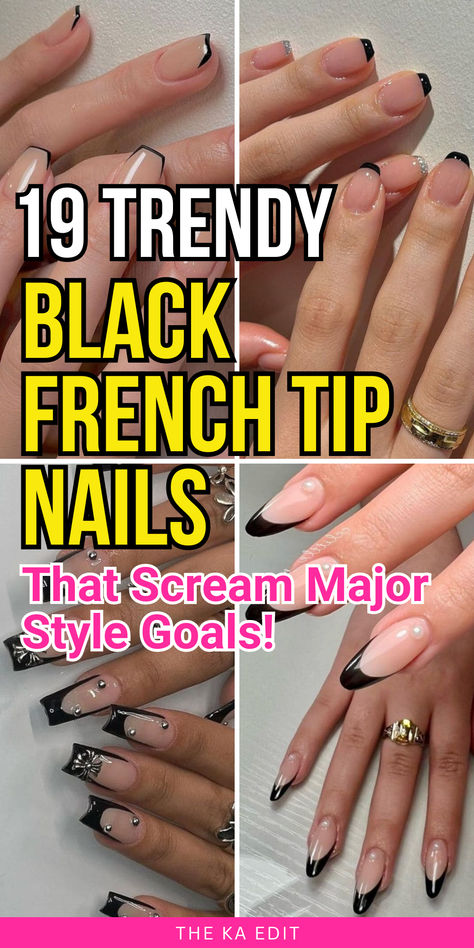 black French tip nails, fall black French tip nails, black French tip nail designs. Black French Tip Nails With Design Ideas, Black Short Nails Design Simple, Black Lined Nails, Thick Black French Tip Nails, Black Manicure Designs, Black Tip Chrome Nails, Black Ombre French Tip Nails, Black French Tip Nails Coffin Medium, Black Nail Designs Almond Shape