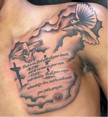 Chest Verse Tattoo, Rip Mom Tattoo For Men Chest, One Chest Tattoo Men, 3 Crosses On A Hill Tattoo Design, Men’s Half Chest Tattoos, Tattoo Ideas For Men Chest Quotes, Chest Tattoo Men Ideas Cross, Rip Tattoos For Men Chest, Half Chest Piece Tattoos Mens