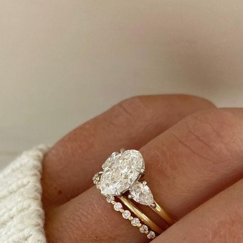 Engagement Right With Wedding Band, Three Stone Engagement Ring And Wedding Band, Three Stack Wedding Ring, Stackable Oval Wedding Rings, Engagement Rings With Diamond Band, 3 Stone Oval Ring, Oval Engagement Ring Stack, Engagement Ring Stacks, Wedding Band Stack Ideas