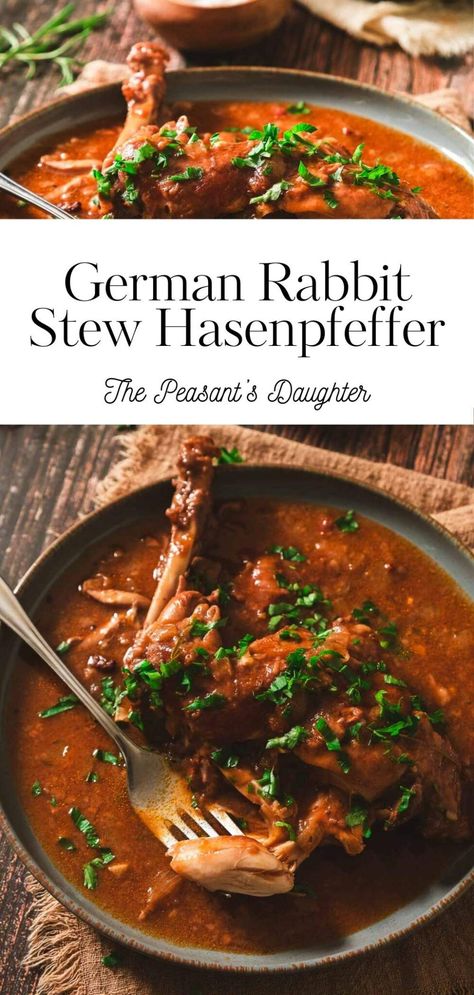 A rich, red rabbit stew. Recipes For Braising Pan, Crock Pot Rabbit Recipes, Best Rabbit Recipe, Oven Roasted Rabbit Recipe, Instant Pot Rabbit Recipe, How To Cook Rabbit Recipes, Rabbit Stew Crockpot, Rabbit Recipes For Dinner, Wild Rabbit Recipes