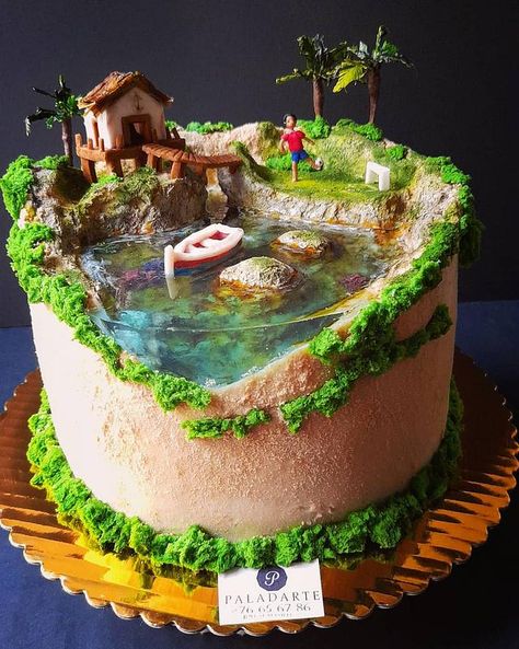 Cakes That Look Like Real Things, Cakes That Look Like Food, Super Cool Cakes, Cool Cakes, Pond Cake, Ocean Cake, Island Cake, Ocean Cakes, 귀여운 음식 그림