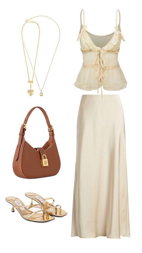 maxi skirt | silk skirt | outfit inspiration | outfit collages Skirt Brunch Outfit, Maxi Skirt Silk, Skirt Outfit Inspiration, Silk Skirt Outfit, Outfit Collages, Venus Fashion, Skirt Silk, Maxi Outfits, Stylish Summer Outfits