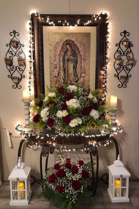 Our Lady Of Guadalupe Home Altar, Virgin Mary Decoration, Virgen Mary Altar At Home, Virgin Mary Alter Home Altar, Memorial Altar Ideas Home, Virgencita Altar At Home, Wall Niche Christmas Decor, Altar Ideas For Passed Loved Ones, Virgin Mary Altar Decoration