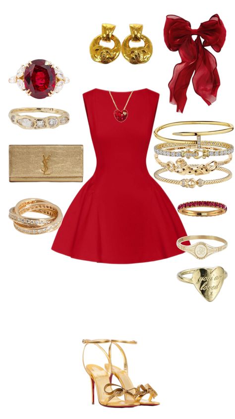 Red And Gold Birthday Outfit, Birthday Fit Ideas, Gold Birthday Outfit, Heel Outfits, Feminine Aesthetic Outfits, Combo Outfits, Type Of Outfits, Classy Short Dresses, Birthday Fit