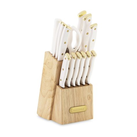 White Kitchen Accessories You Would Love White Kitchen Knife Set, White And Gold Kitchen, Gold Kitchen Accessories, Gold Cutlery Set, Gold Cutlery, Wood Knife, Knife Block Set, Gold Kitchen, Knife Set Kitchen