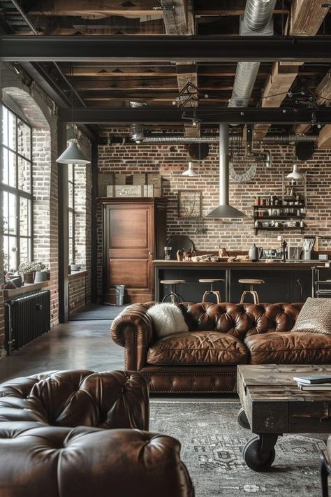 29 Industrial Living Room Ideas for Powerful Interiors - My Elegant Home #the #Appeal #Outdoor #HomeInspiration #Style #HomeDecorating #of #Exploring #Raw #Decor #HomeIdeas #DecorTips #Industrial Industrial Living Room Ideas, Brick Interior Design, Luxury Bathroom Inspiration, Warehouse Interior, Loft Style Living, Industrial Living Room, Warehouse Living, Industrial Chic Decor, Industrial Chic Design