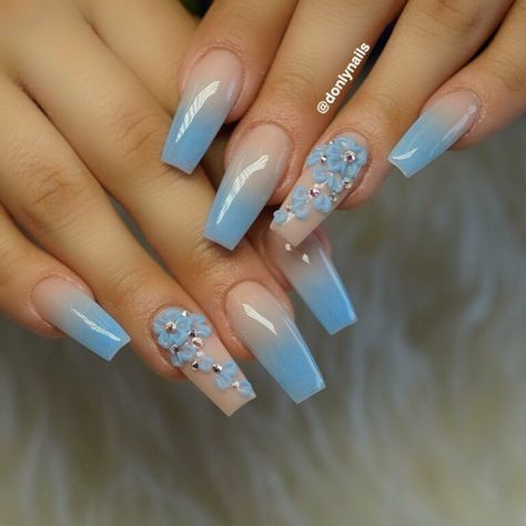 +20 Top Light Blue Ombre Nails - POLYVORE - Discover and Shop Trends in Fashion, Outfits, Beauty and Home Ongles Baby Blue, Nails August, Nail Art Bleu, Light Blue Nail Designs, Blue Christmas Nails, Nails Korean, Ombre Dark, Blue Ombre Nails, Nail Aesthetic