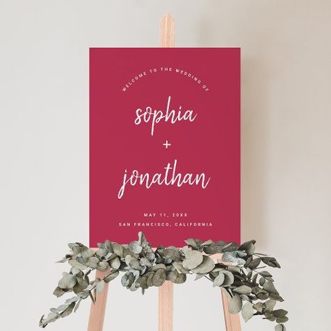 $44.20 | Modern Minimal Script Magenta Red Wedding Welcome #wedding, welcome, simple, minimalist, elegant, modern, magenta red, colorful, handwritten script typography, stylish and chic Foam Board Sign, Terracotta Wedding, Ceremony Signs, Wedding Welcome Sign, Script Lettering, Welcome To Our Wedding, Wedding Welcome Signs, Wedding Date, Sign Templates