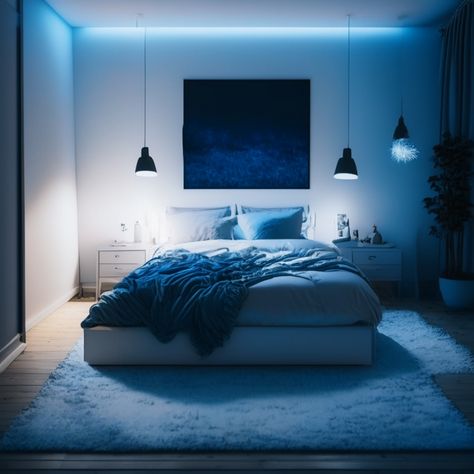 Modern Blue Bedroom, Aesthetic Light Blue, Hanging Bedroom Lights, Blue And Gold Bedroom, Painted Bedroom, Colorful Rooms, Blue Interior Design, Condo Interior Design, Blue Ceilings