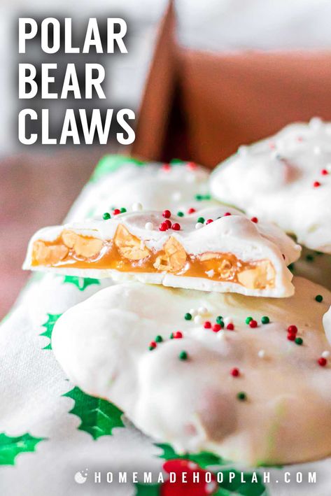 Polar Bear Paws! These classic polar bear claws offer a nostalgic mix of creamy caramel, crunchy peanuts, and smooth white almond bark, perfect for holidays and special occasions. | HomemadeHooplah.com Polar Bear Claws, Paula Deen Pumpkin Bars, Xmas Bakes, Polar Bear Paws, Bear Claw Recipe, Homemade Caramel Candy, Polar Bear Paw, Thumbprint Cookie, Easy Christmas Candy Recipes