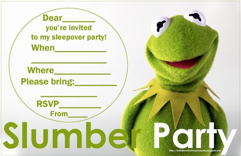 I adore kermit and the Muppet Show - so I love this free printable sleepover invite that is lovely and green and Kermity :) Print however many copies you need of it - depending on the number of guests you're inviting to your slumber party - and then fill in the blanks to personalise it with details of your own party. Sleepover Invite, Muppets Party, Sleepover Invitations, Rainbow Connection, The Muppet Show, Sleepover Ideas, Fill In The Blank, Sleepover Party, Slumber Party