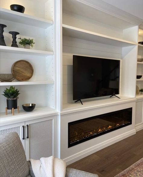 Living Room Tv Wall Design, Room Tv Wall Design, Tv Wall Ideas Modern, Tv Wall Idea, Wall Units With Fireplace, Wall Tv Stand, Tv Wall Ideas, Electric Fireplace Living Room, Built In Around Fireplace