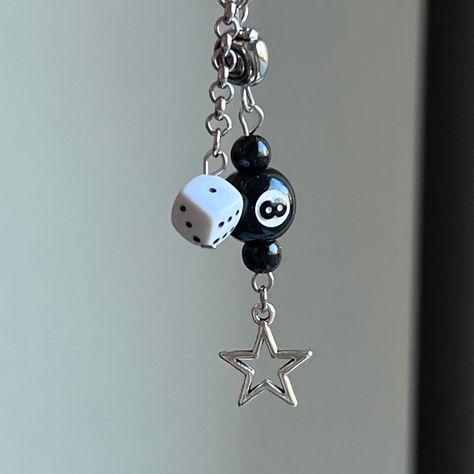 handmade 8 ball phone charm black grunge goth aesthetic punk dice 8ball Jewelry, Grunge Phone Charm, 8 Ball Bracelet, Grunge Keychain, Goth Keychain, Grunge Diy, Dice Accessories, Whimsigoth Jewelry, Dice Keychain