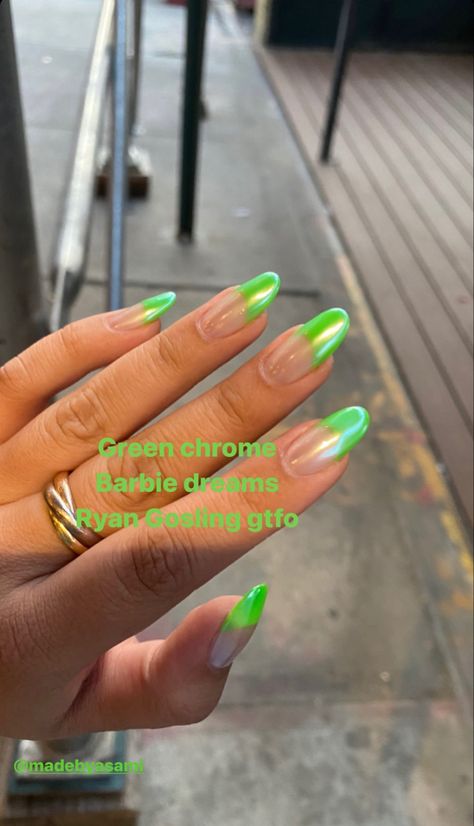 Lime Nails Acrylic, Neon Green Chrome Nails, Lime Green Chrome Nails, Neon Chrome Nails, Green Tip Nails, Green Chrome Nails, Grande Tattoo, Lime Green Nails, Neon Green Nails