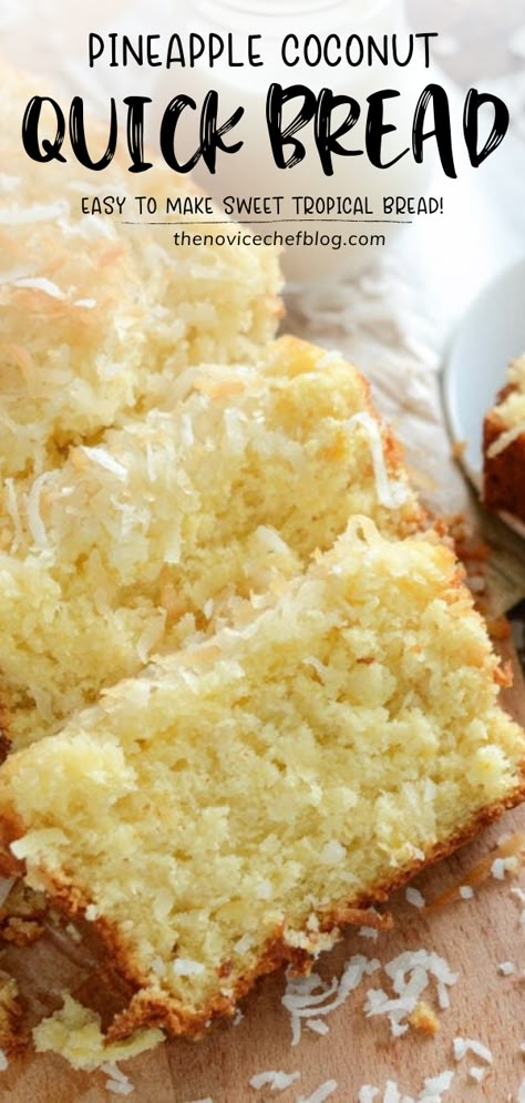 A refreshingly light Mother's Day treat you can make with pantry staples! Pineapple Coconut Quick Bread couldn't be easier to whip together for Mother's Day. This sweet tropical bread is perfect with a cup of coffee for breakfast or after dinner for a quick dessert idea! Tropical Bread, Coconut Quick Bread, Pineapple Coconut Bread, Pineapple Bread, Coconut Bread, Quick Dessert, Dessert Aux Fruits, Low Carb Dessert, Pineapple Coconut