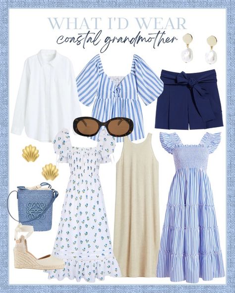 Blue And White Summer Aesthetic, The Hamptons Aesthetic Outfits, Hamptons Outfit Aesthetic, Grandmillenial Style Outfit, Grandmillenial Outfits, Cape Cod Summer Outfits, Southern Style Fashion, Beach House Outfit, Cape Cod Fashion