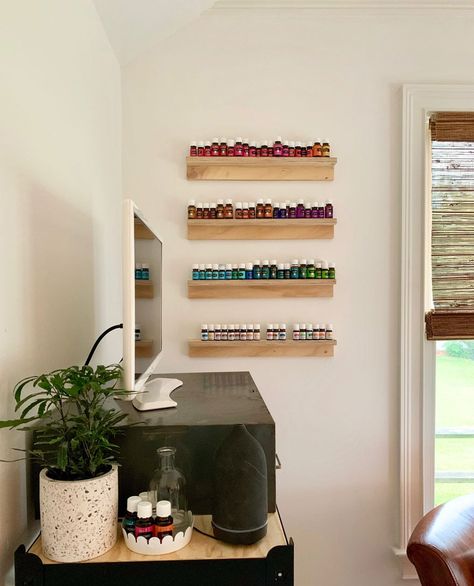 Oil Shelf, Diy Oil Shelf, Essential Oils Storage Ideas, Essential Oil Storage Ideas, Essential Oil Shelves, Essential Oil Wall Display, Essential Oil Shelf Diy, Essential Oils Shelf, Shelves For Essential Oils