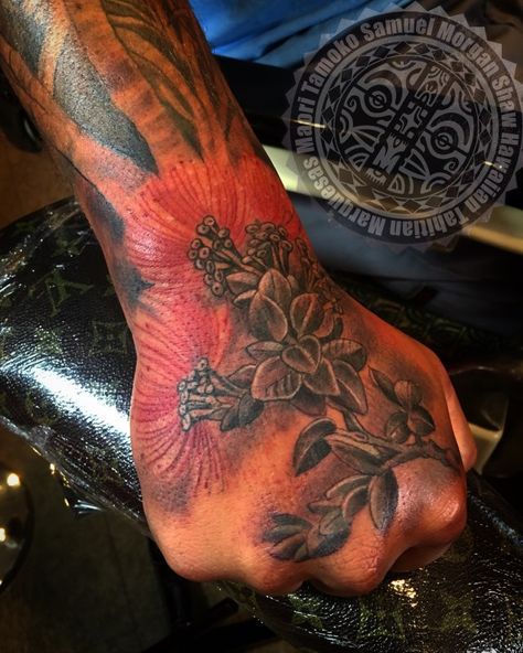 Hawaiian inspired tattoos by Samuel Shaw of Kulture Tattoo Kollective Ohia Lehua Flower Tattoo, Ohia Lehua Drawing, Lehua Flower Tattoo, Ohia Lehua Tattoo, Lehua Tattoo, Hawaiian Inspired Tattoos, Pele Goddess, Polynesian Tattoo Sleeve, Ohia Lehua