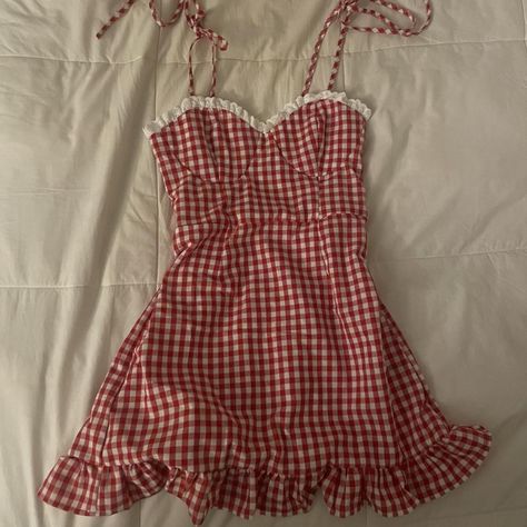 red gingham lace dress ! 💋 in perfect condition the... - Depop Girly Picnic, Gingham Dress Outfit, Americana Outfits, Red Gingham Dress, Gingham Outfit, Mini Dress Cute, Americana Fashion, Vintage Americana, Diy Sewing Clothes