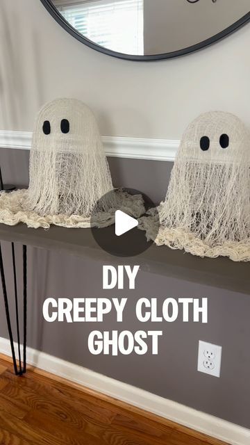 Tazsmine on Instagram: "DIY ghost using creepy cloth 👻

This is such an easy DIY project!

#halloweendiy #creepycloth #dollartreediy #spookyseason #diyghost #halloweendecor" How To Decorate With Creepy Cloth, Creepy Cloth Ghost Diy, Cute Ghost Centerpieces, Halloween Center Piece Diy, Lighted Ghosts Diy, Halloween Creepy Cloth Ideas, Diy Ghost Halloween Decorations, Easy Diy Ghost Decorations, Mop Head Ghost Diy