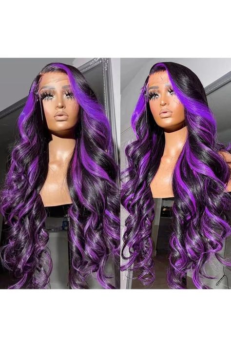 Purple Highlight Lace Front Wig Pre-plucked Hairline Synthetic Heat Resistant Fiber Lace Front Wigs for Women Glueless 13X4 Inch Long Loose Curly Wavy Wigs Highlight Lace Front Wig, Burgundy Wig, Wig Ideas, Wavy Wigs, Purple Wig, Purple Highlights, Purple Swirl, Wigs For Women, Wig Accessories