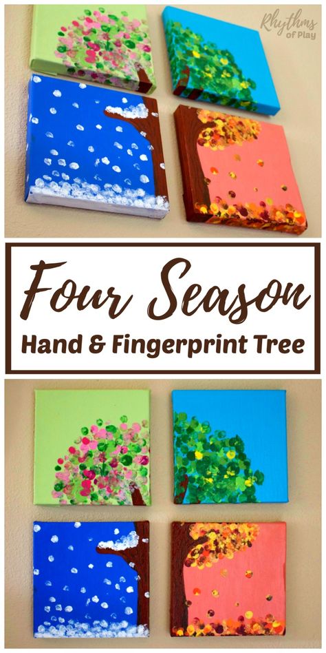 This four season hand and fingerprint tree is a DIY keepsake craft and gift that kids can make. A unique handmade gift idea for Christmas, Mother's Day, Father's Day or any other occasion. Learn how to make your own with the easy to follow tutorial. Make one with your kids today! Studio Seni, Art Project For Kids, Fingerprint Tree, Keepsake Crafts, Kid Projects, Project For Kids, Art Camp, Four Season, Wall Decorations