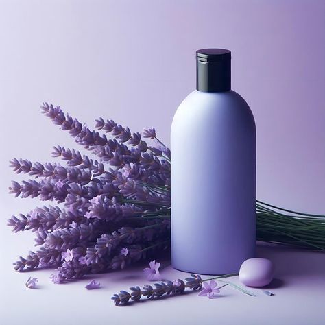 Photo shampoo bottle lavender soap laven... | Premium Photo #Freepik #photo Shampoo Bottles Aesthetic, Soap Advertisement, Lavender Body Lotion, Lavender Shampoo, Shampoo Bottles, Lavender Soap, Purple Shampoo, Business Card Maker, Lavender Fields